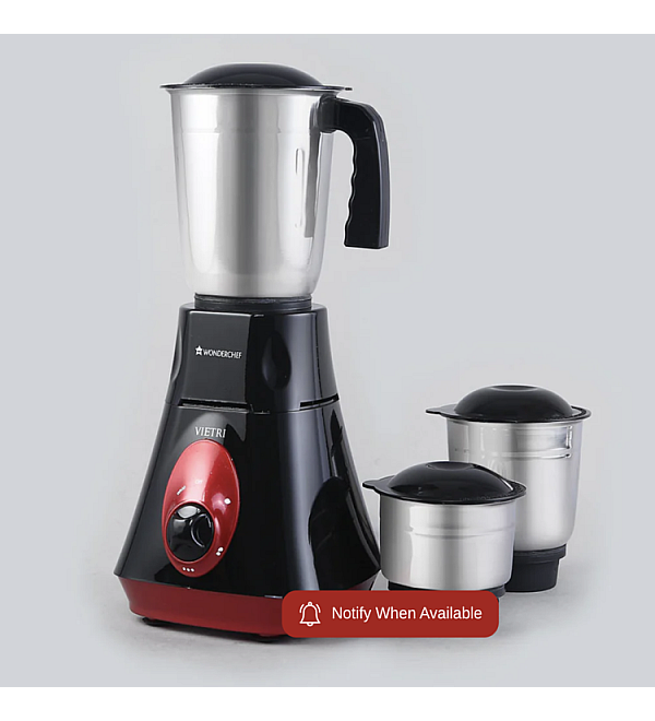 Vietri Mixer Grinder, 550W with 3 Anti-rust Stainless Steel Jars and Blades, 3-speed Knob, Anti-skid Feet, 5 Years Warranty on Copper Armature Motor, Black & Red